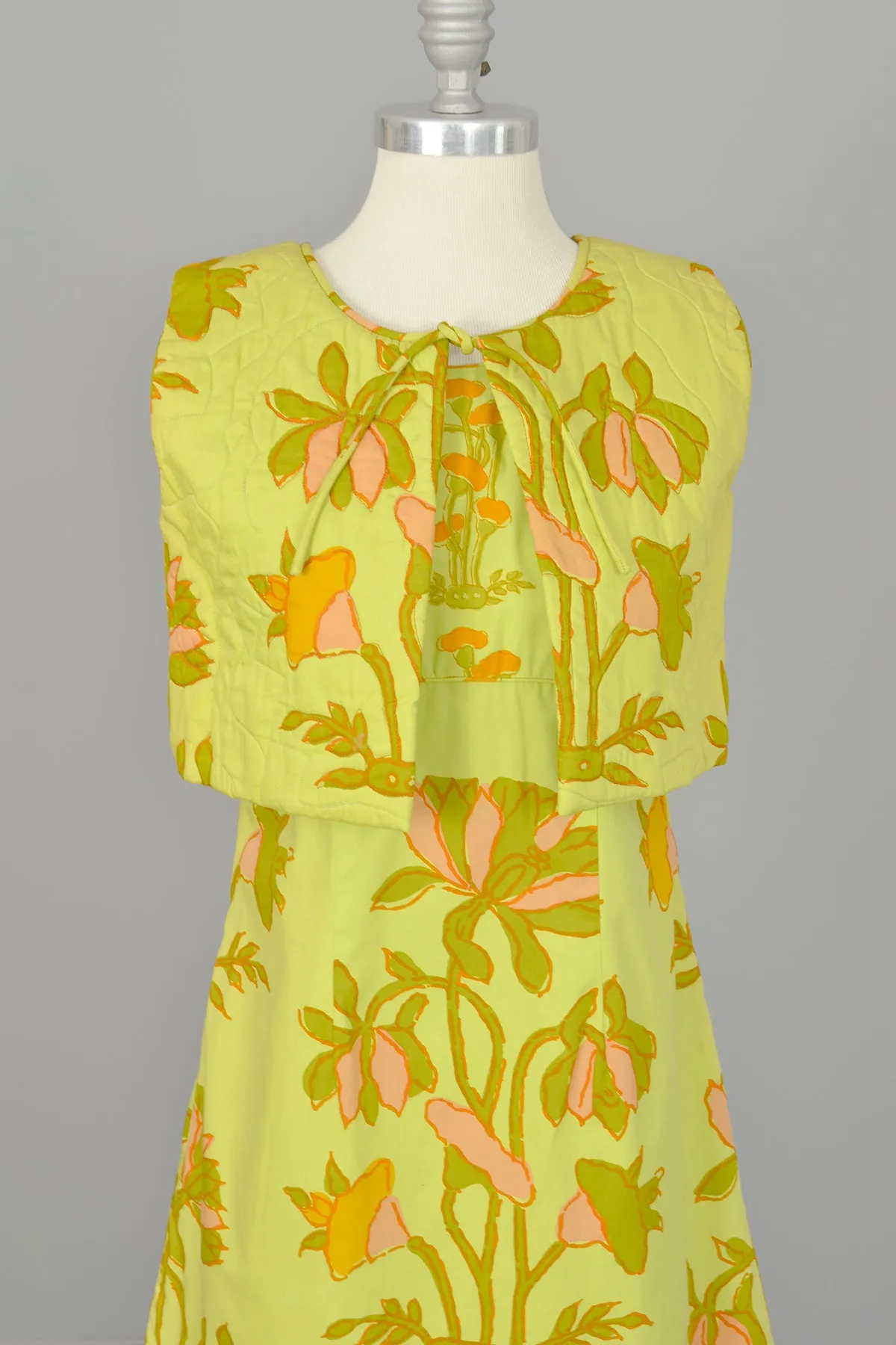 1960s Chartreuse Op Art Tropical Floral Print A-Line Mini Dress and Quilted Cropped Vest | Design Thai Bangkok | 1960s Mini Dress