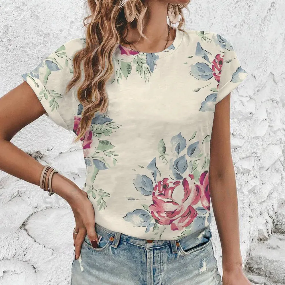 2024 New Loose Breathable Women's T-shirt Vintage Flower Print Round Neck T-shirt High Quality Fashion Trend Women's T-shirt