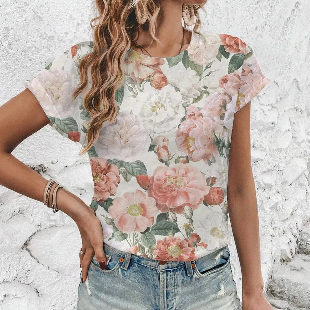 2024 New Loose Breathable Women's T-shirt Vintage Flower Print Round Neck T-shirt High Quality Fashion Trend Women's T-shirt