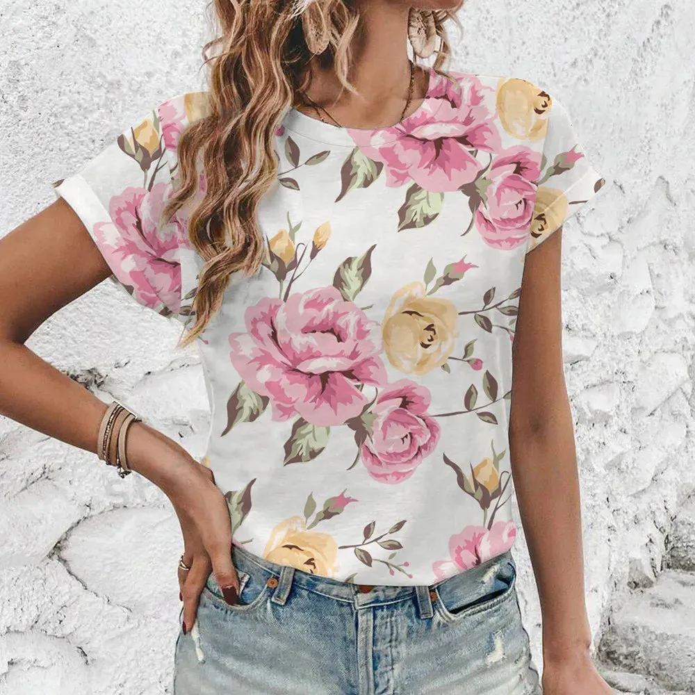 2024 New Loose Breathable Women's T-shirt Vintage Flower Print Round Neck T-shirt High Quality Fashion Trend Women's T-shirt