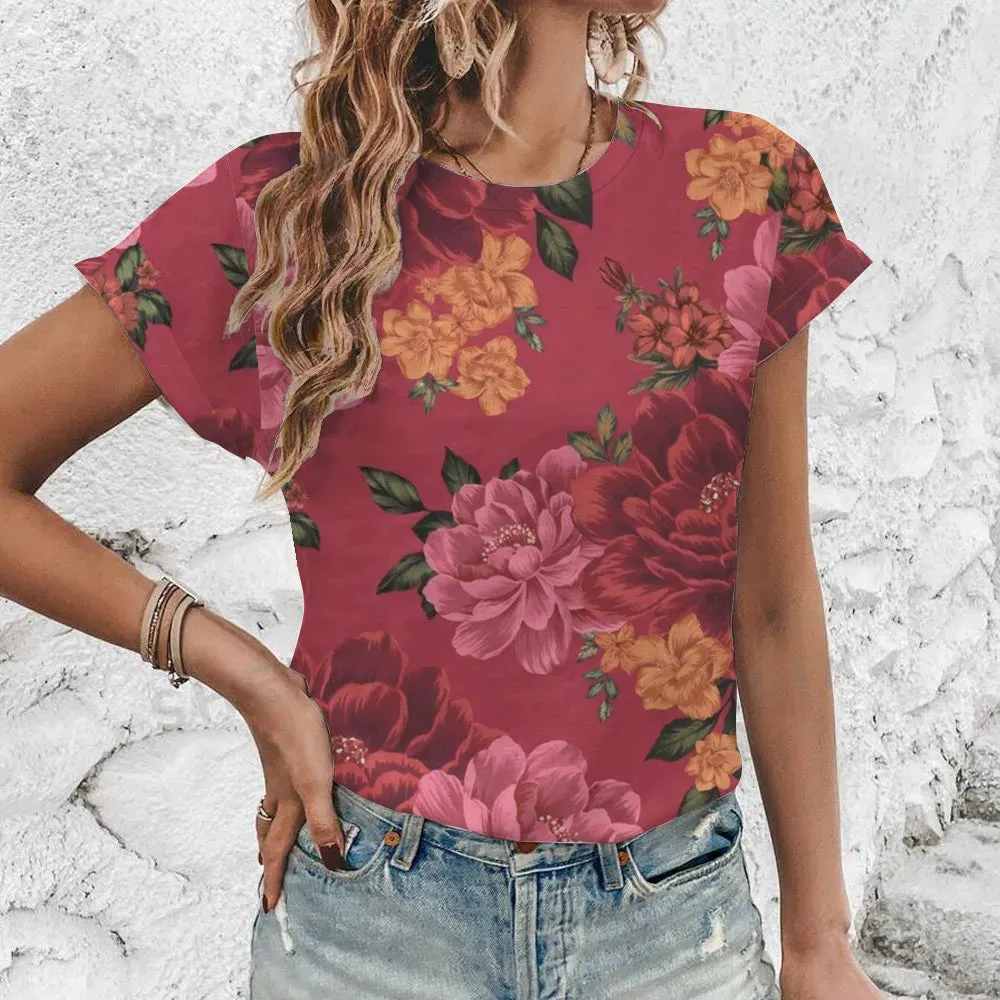 2024 New Loose Breathable Women's T-shirt Vintage Flower Print Round Neck T-shirt High Quality Fashion Trend Women's T-shirt