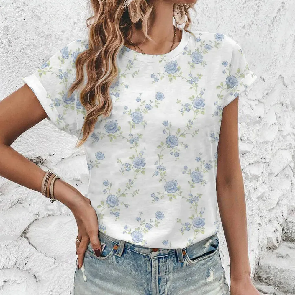 2024 New Loose Breathable Women's T-shirt Vintage Flower Print Round Neck T-shirt High Quality Fashion Trend Women's T-shirt