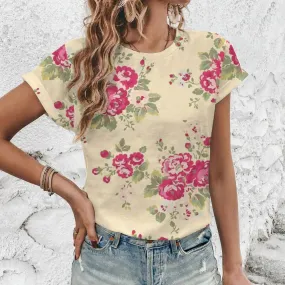 2024 New Loose Breathable Women's T-shirt Vintage Flower Print Round Neck T-shirt High Quality Fashion Trend Women's T-shirt