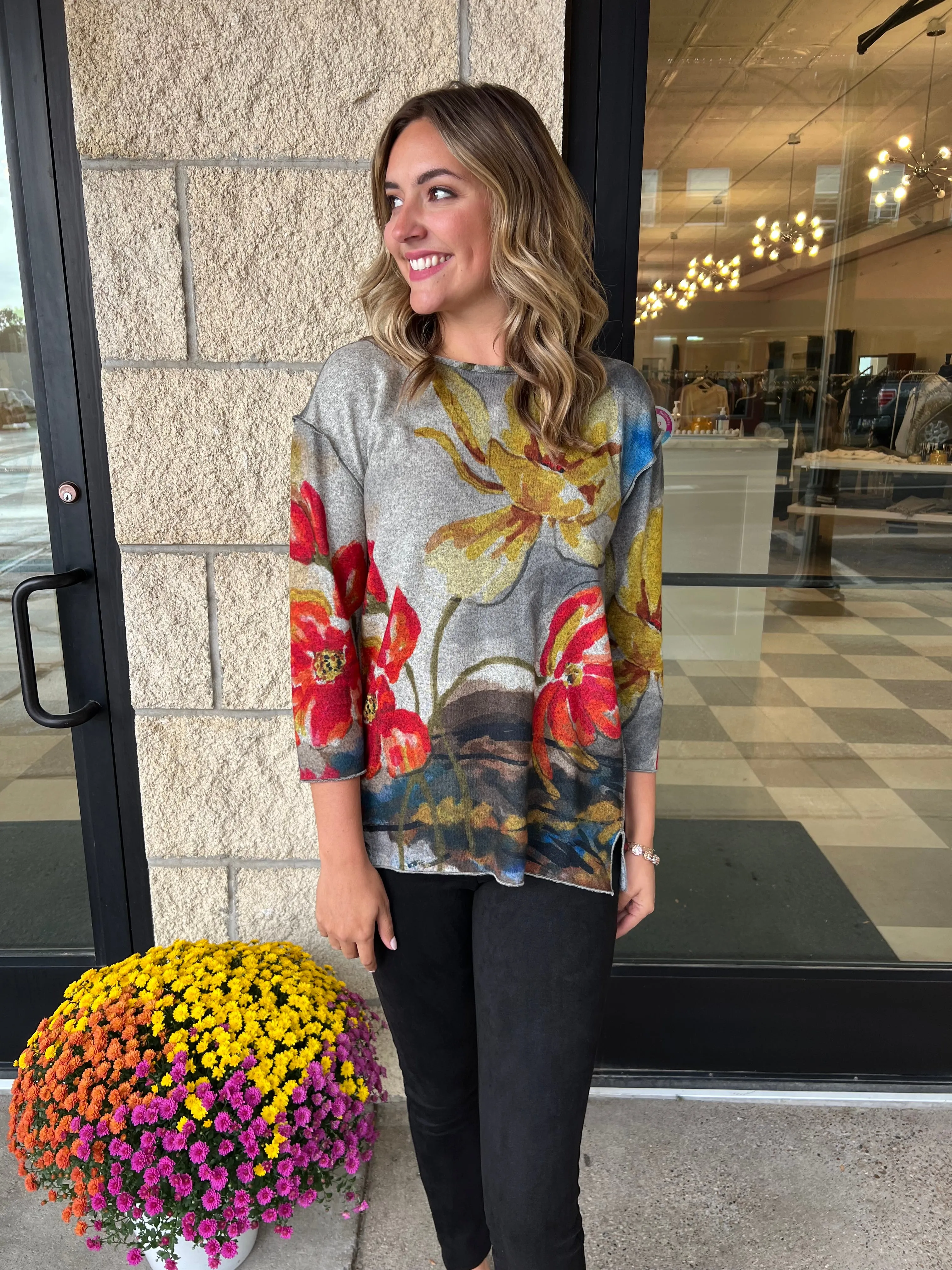 3/4 Sleeve Multi-Print High-Low Top