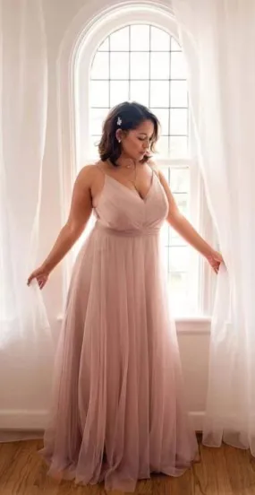 A line Spaghetti Straps Blush Plus Size Bridesmaid Dress