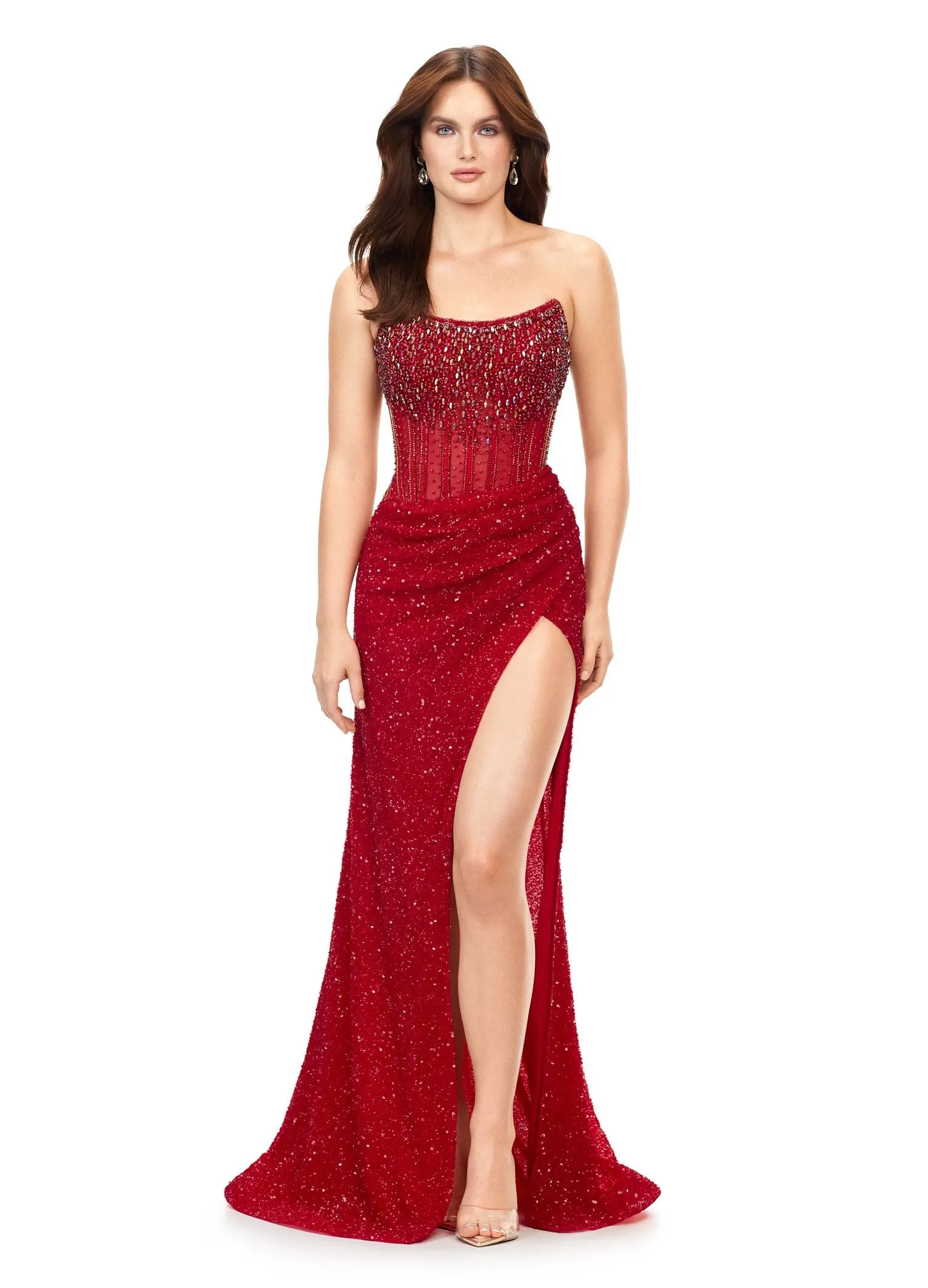 Ashley Lauren 11238 Sheer Corset Crystal Sequin Dress Prom Evening Gown strapless Formal Wrap