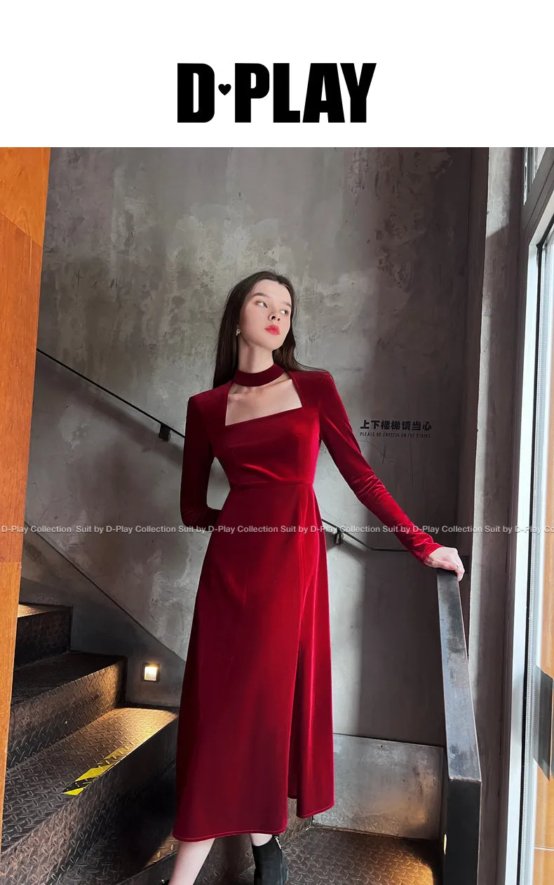 autumn winter French retro square neck lady style wine red velvet slit dress light dress - Esther