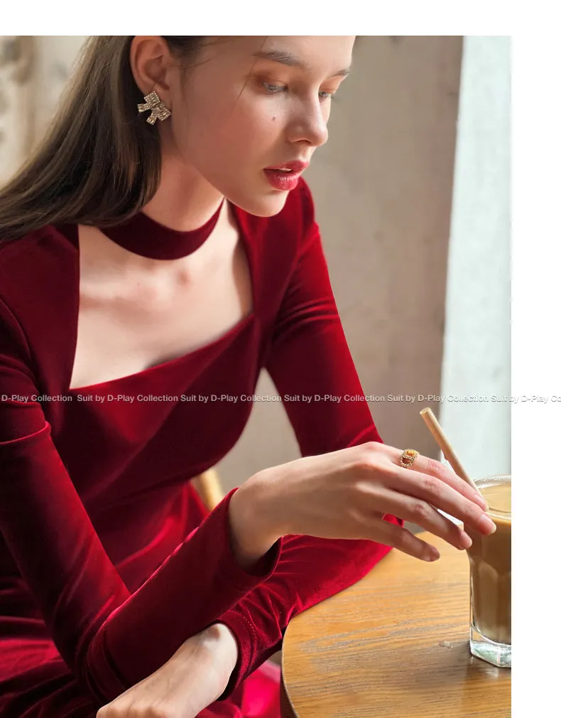 autumn winter French retro square neck lady style wine red velvet slit dress light dress - Esther