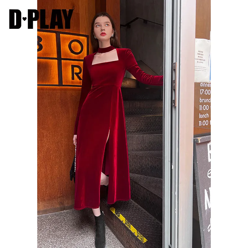 autumn winter French retro square neck lady style wine red velvet slit dress light dress - Esther