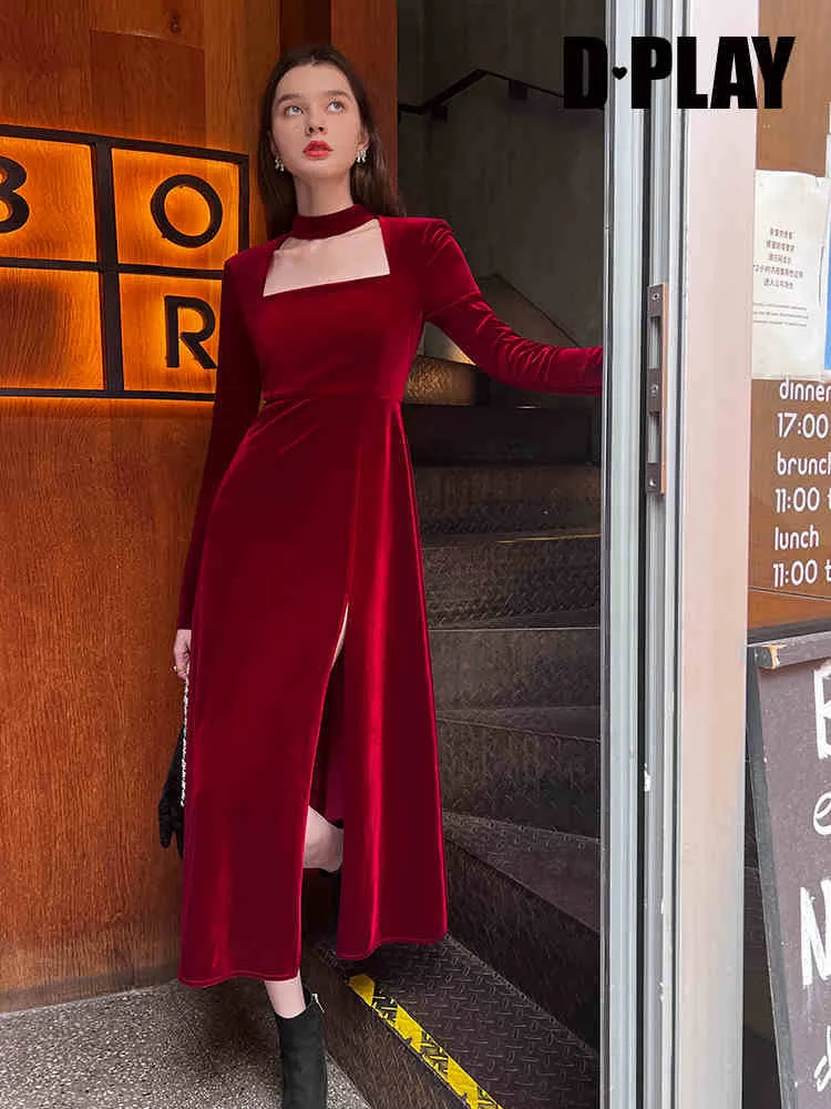 autumn winter French retro square neck lady style wine red velvet slit dress light dress - Esther