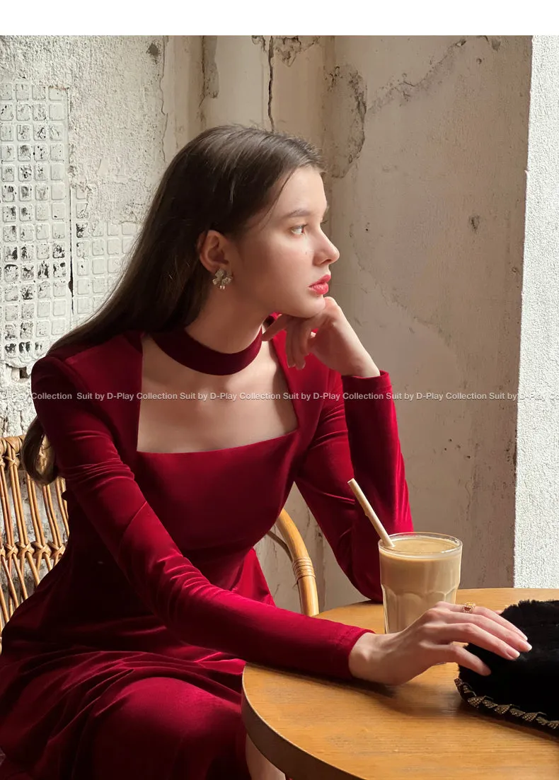 autumn winter French retro square neck lady style wine red velvet slit dress light dress - Esther