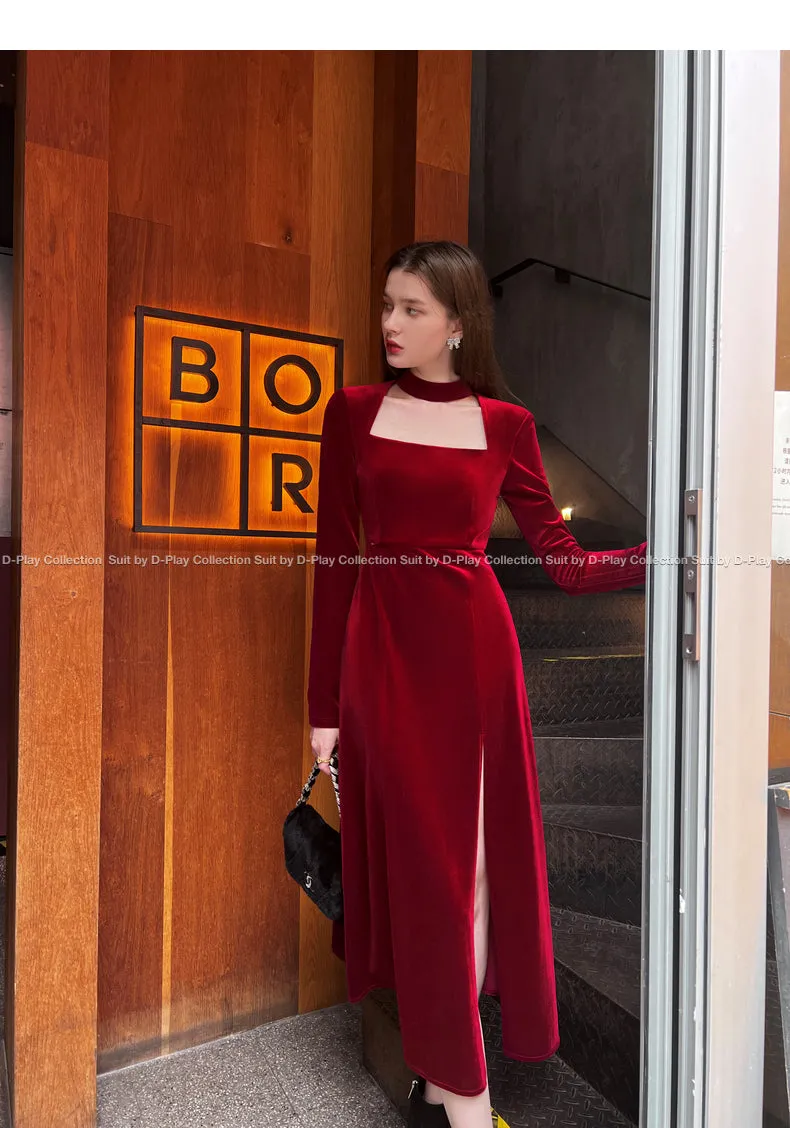 autumn winter French retro square neck lady style wine red velvet slit dress light dress - Esther