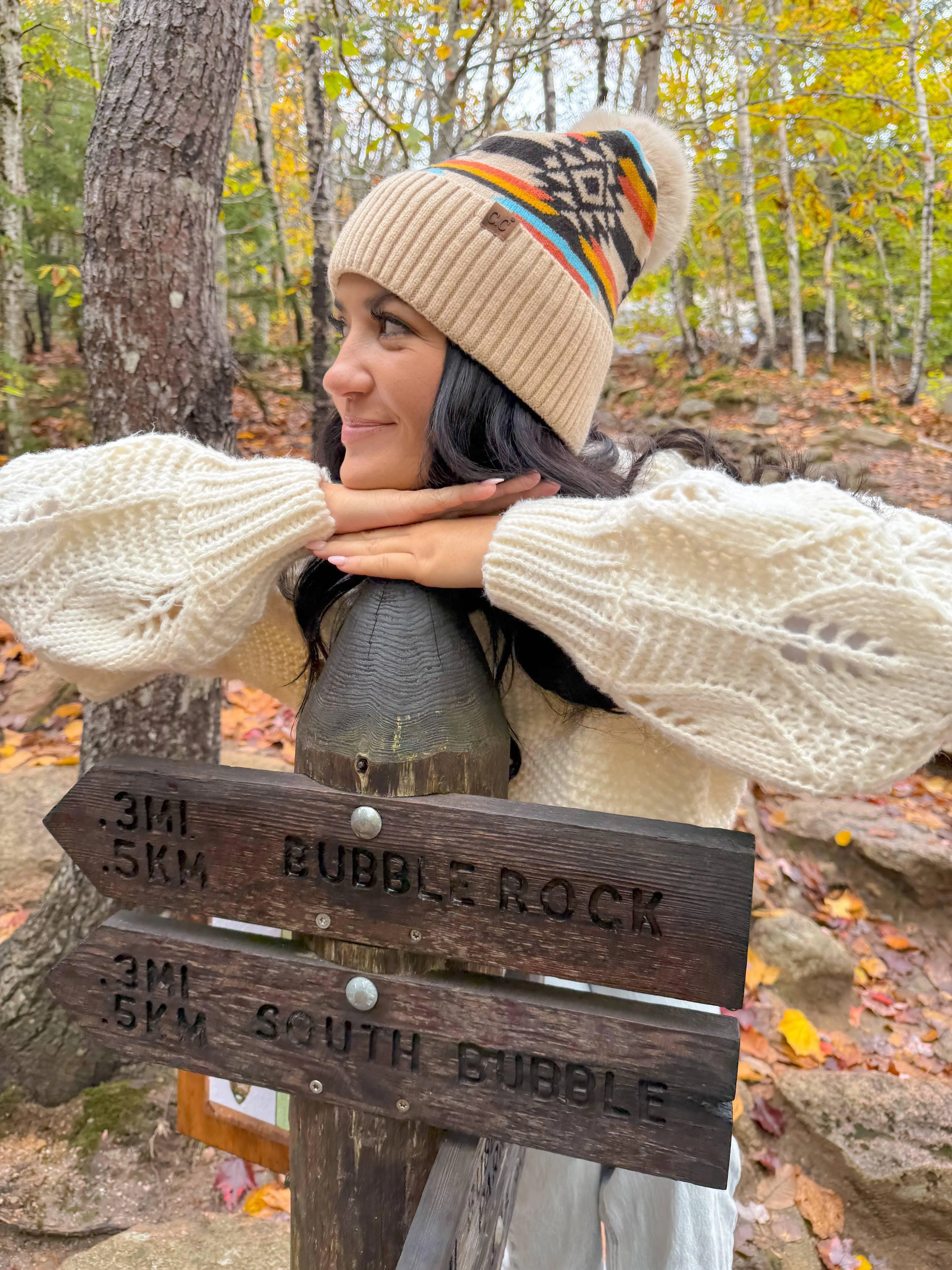 Aztec Patterned C.C Pom Beanie HTE0127