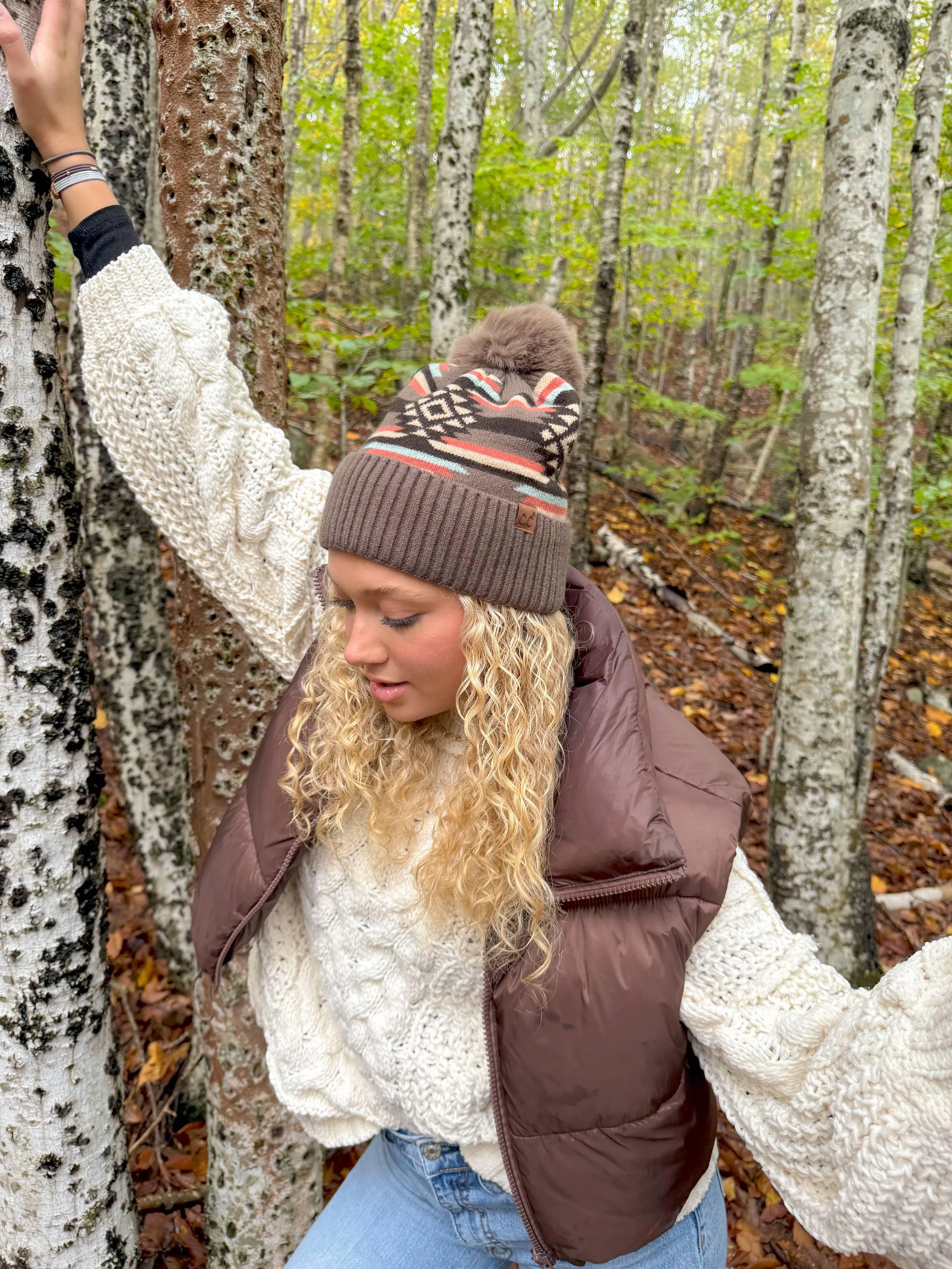 Aztec Patterned C.C Pom Beanie HTE0127