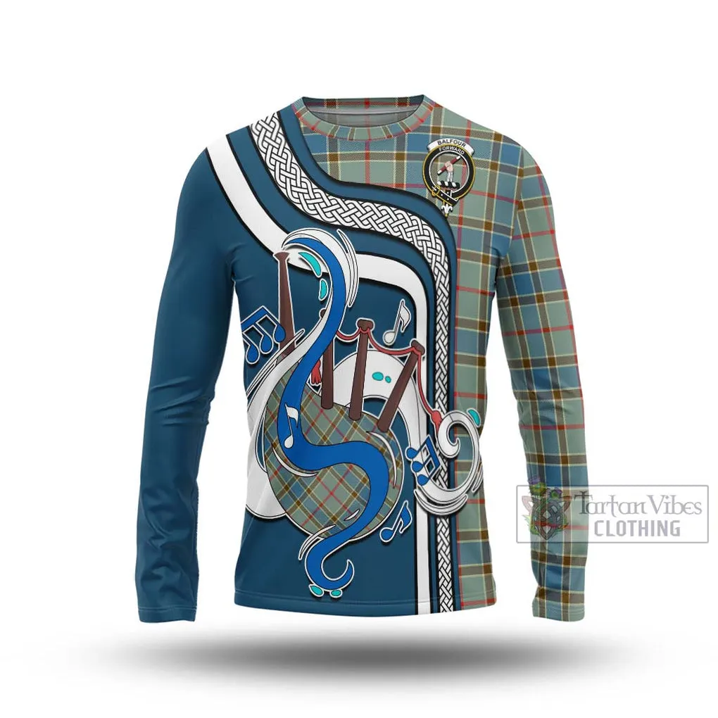 Balfour Blue Tartan Long Sleeve T-Shirt with Epic Bagpipe Style