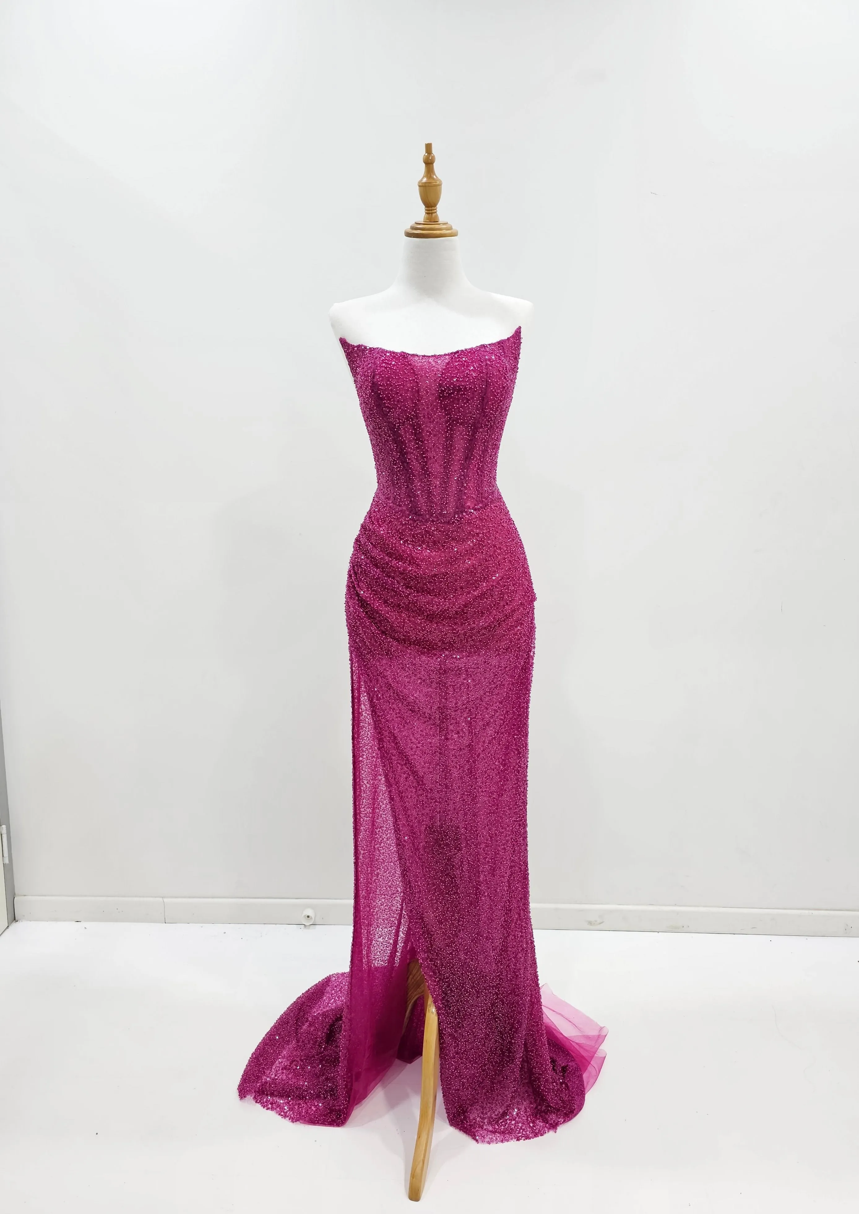 Beaded magenta strapless corset dress