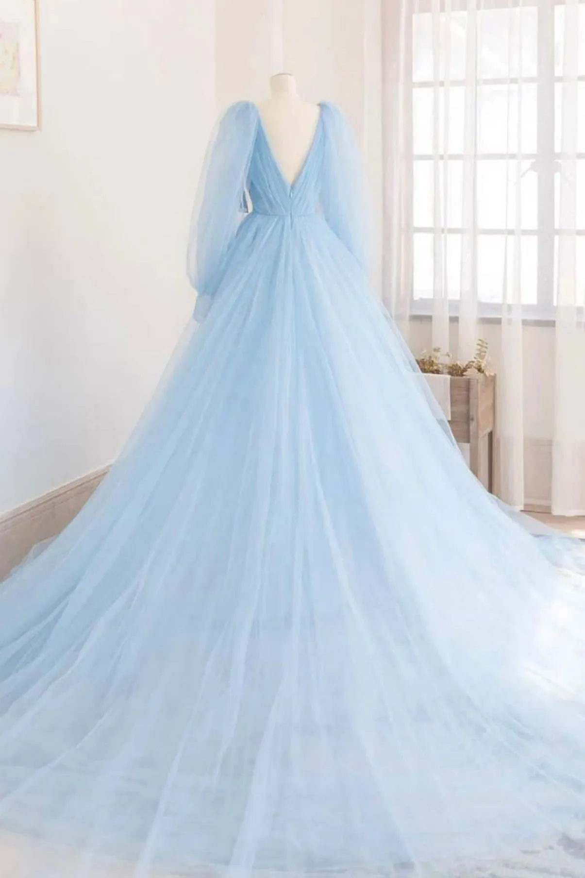 Beautiful V-Neck Long Sleeve Tulle Prom Dress