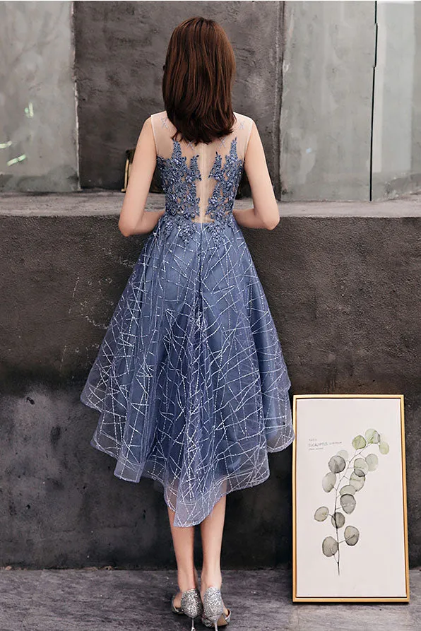 Blue round tulle lace short prom dress, blue homecoming dress