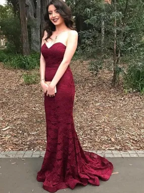 Burgundy Strapless Lace Mermaid Formal Dress with Court Train