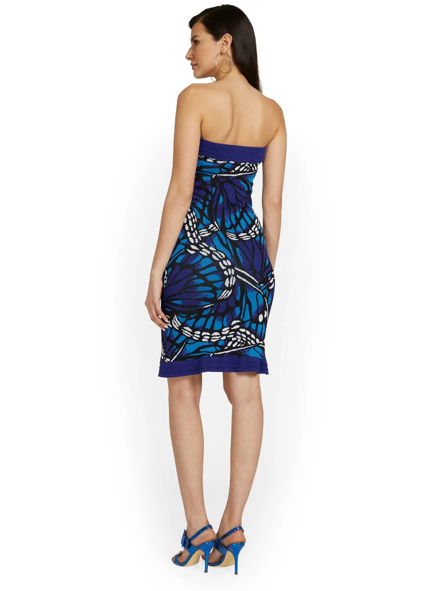 Butterfly-Print Strapless Sweater Dress