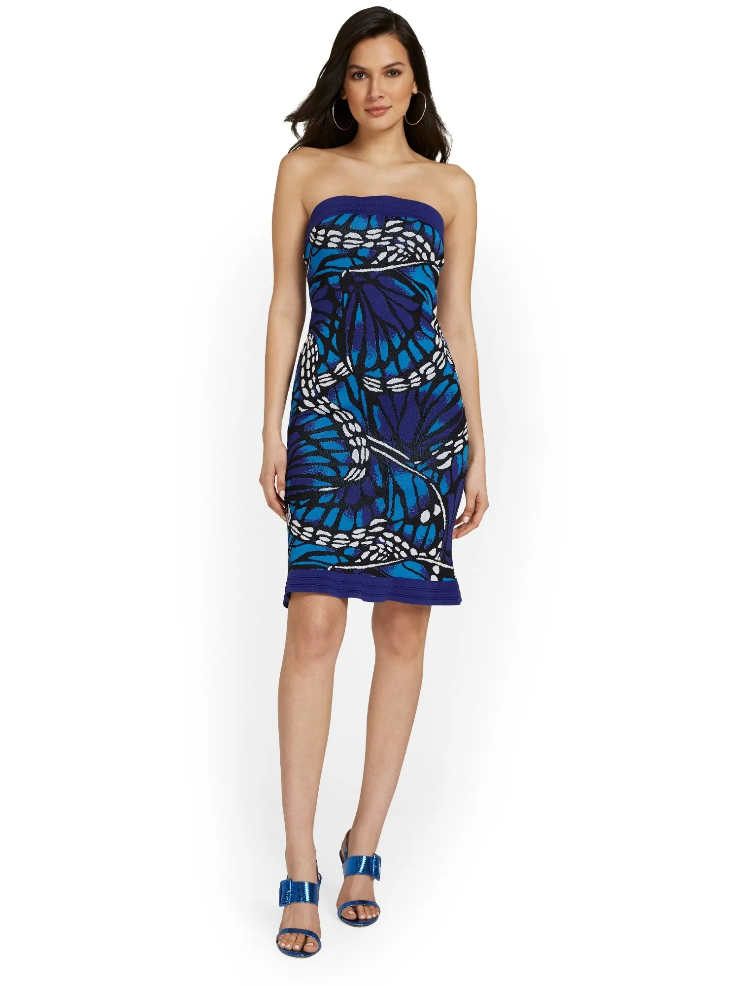 Butterfly-Print Strapless Sweater Dress