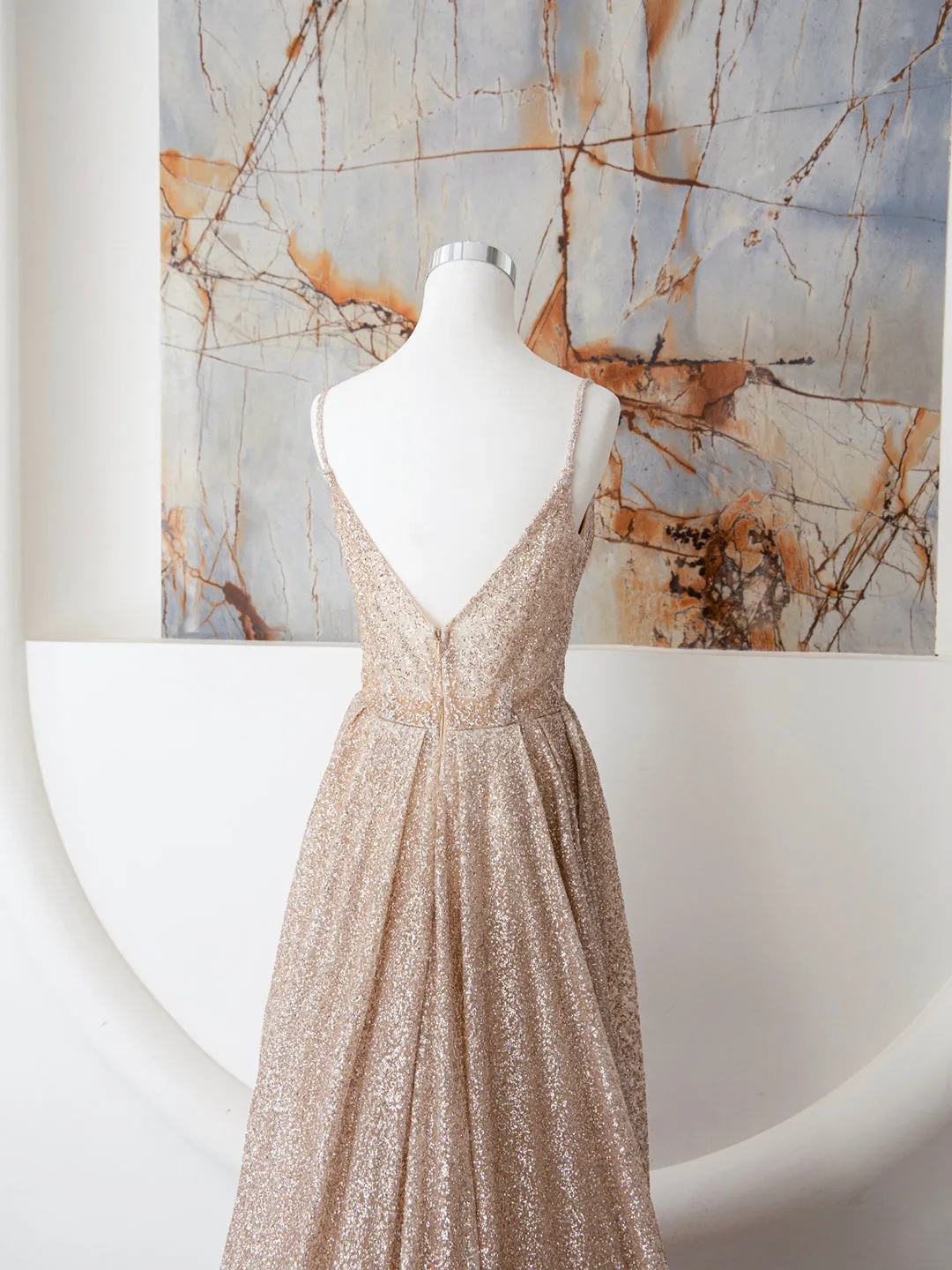 Champagne Spaghetti Strap Sequins Long Prom Dress, Shiny V-Neck Evening Dress