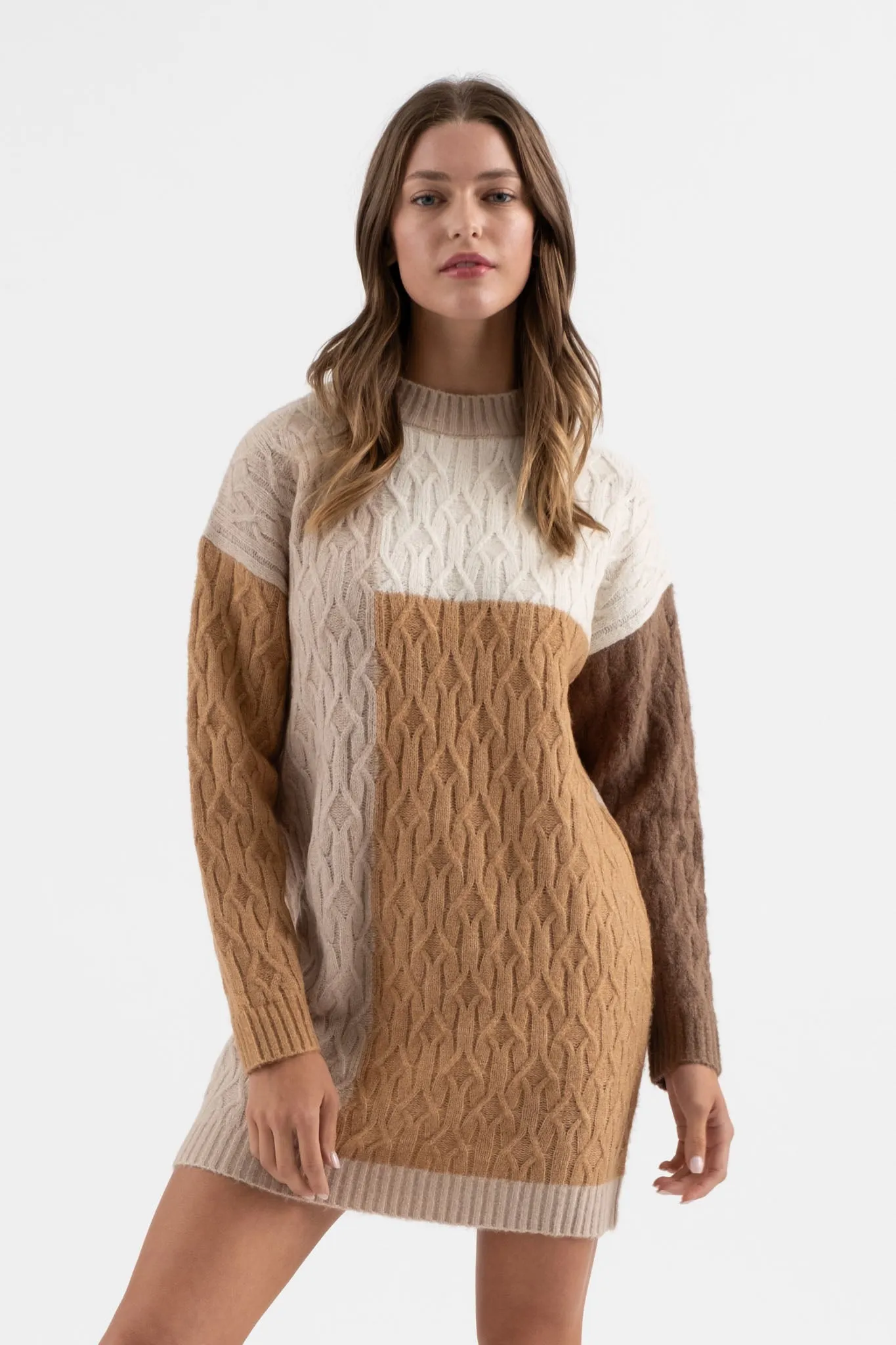 COLORBLOCK CREWNECK LONG SLEEVE KNIT SWEATER DRESS