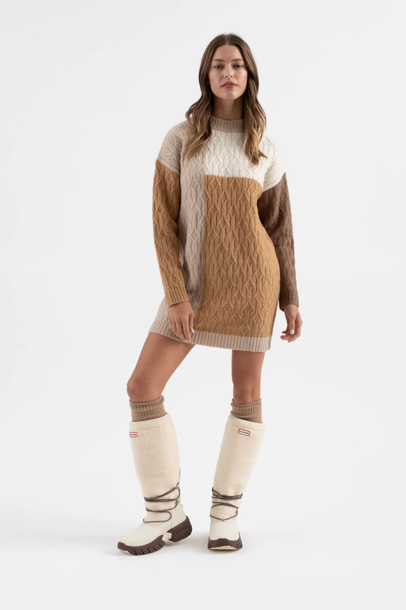 COLORBLOCK CREWNECK LONG SLEEVE KNIT SWEATER DRESS