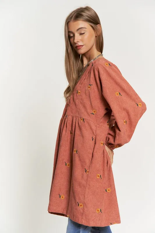 Corduroy Sunflower Mini Dress