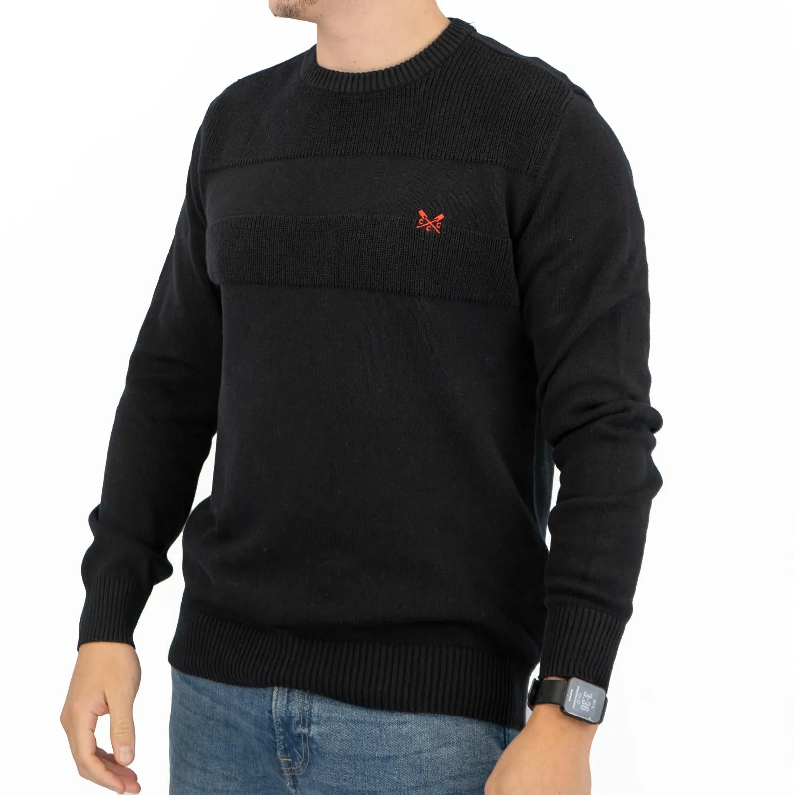 Crew Clothing Mens Rib Knitted Jumper Long Sleeve Black