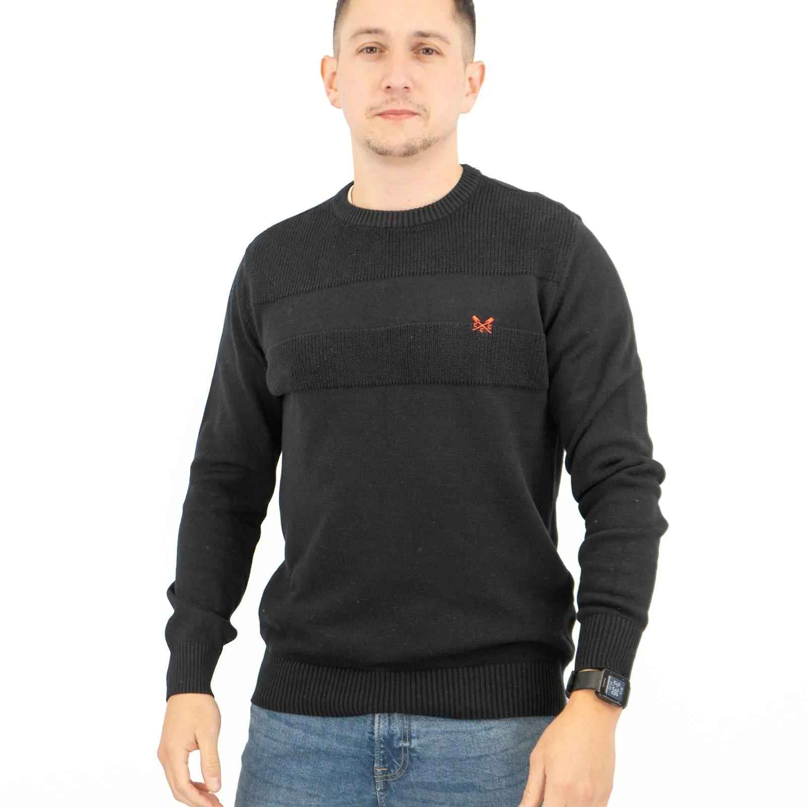 Crew Clothing Mens Rib Knitted Jumper Long Sleeve Black