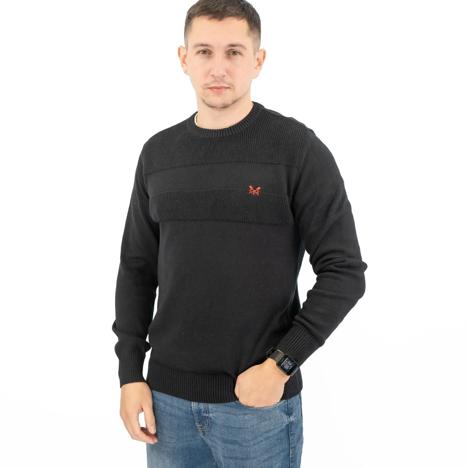 Crew Clothing Mens Rib Knitted Jumper Long Sleeve Black