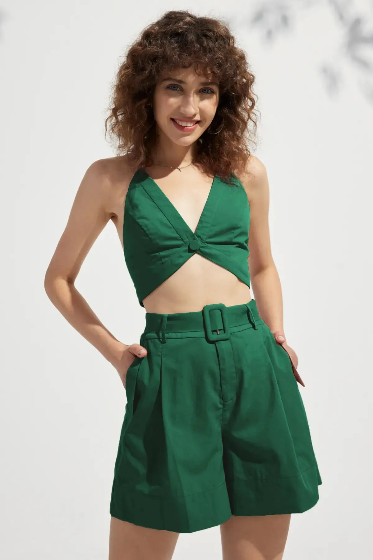 Criss Cross Shirred V Neck Crop Top