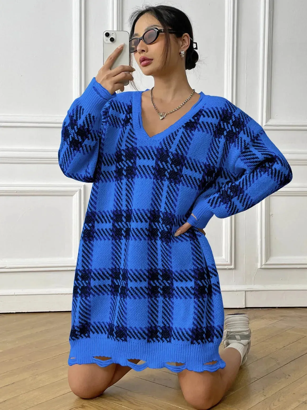 Deer Plush V-neck Long Sleeve Plaid Winter Jumper Mini dress