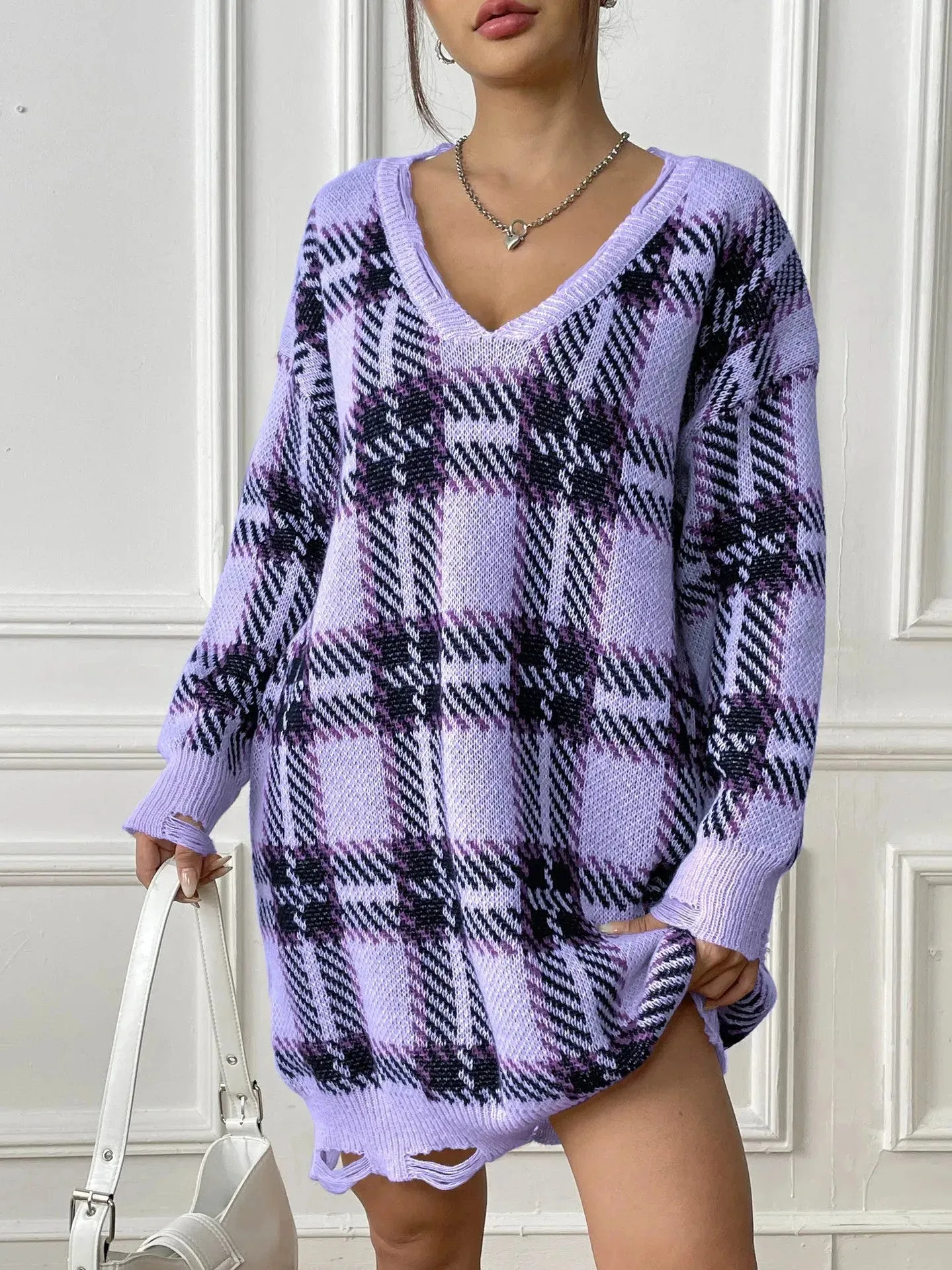 Deer Plush V-neck Long Sleeve Plaid Winter Jumper Mini dress