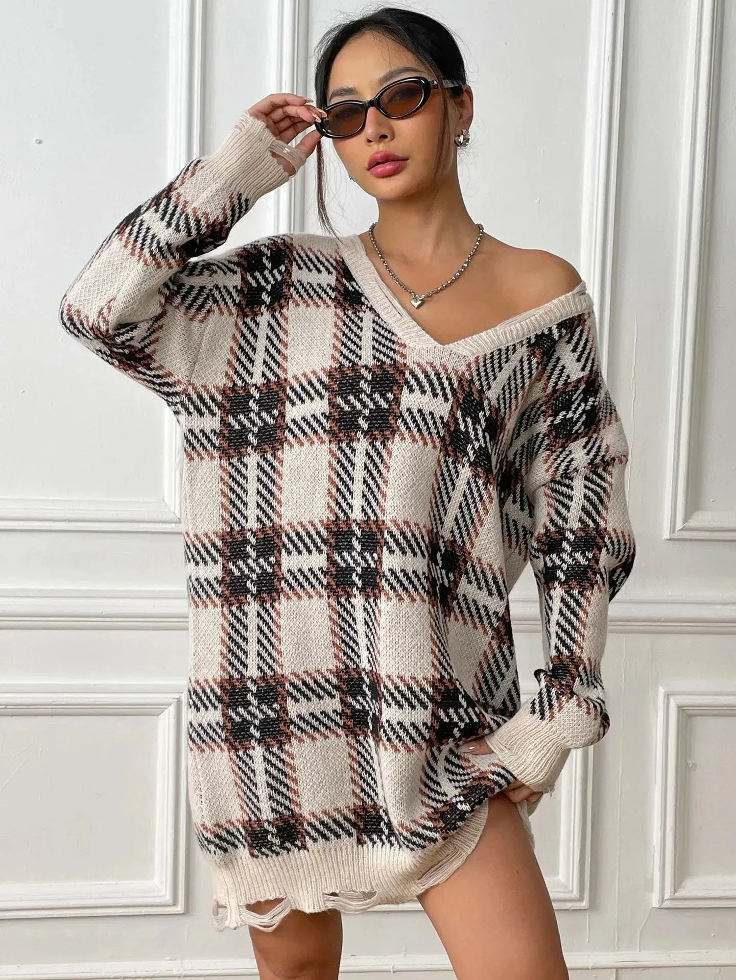 Deer Plush V-neck Long Sleeve Plaid Winter Jumper Mini dress