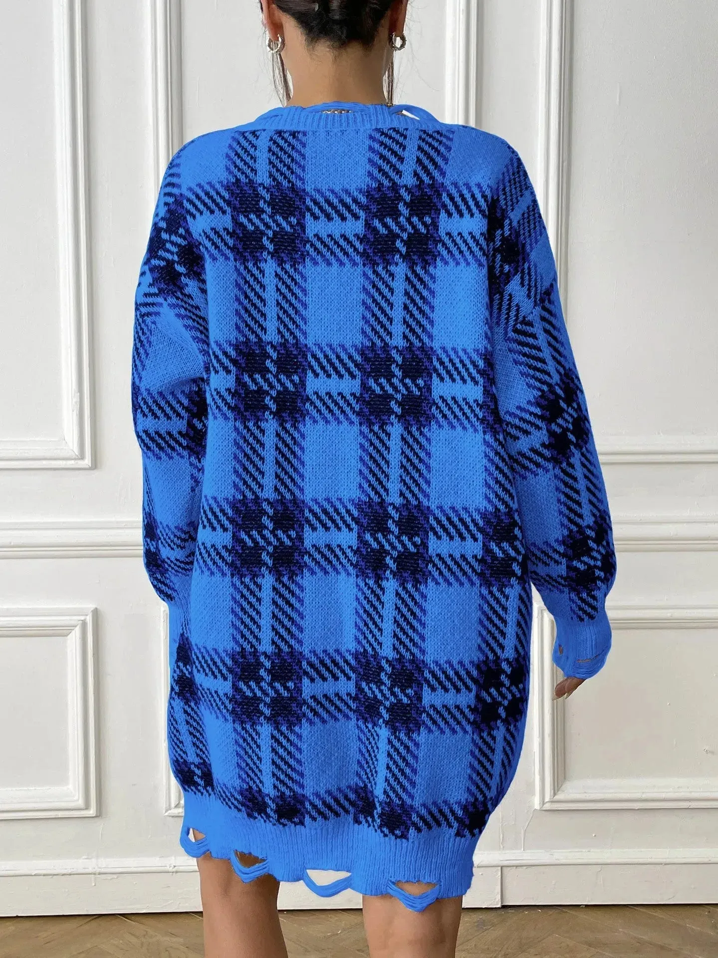 Deer Plush V-neck Long Sleeve Plaid Winter Jumper Mini dress