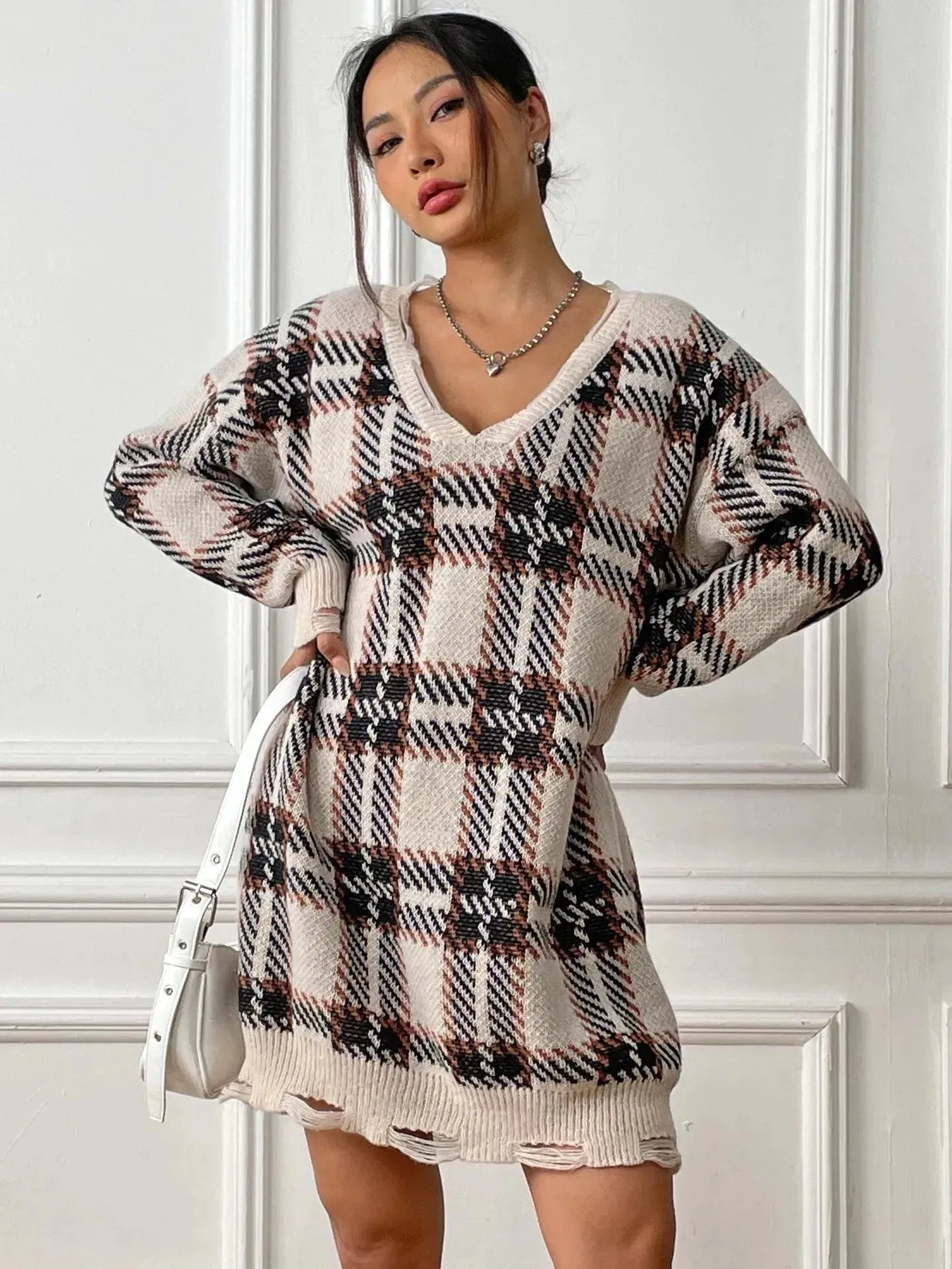 Deer Plush V-neck Long Sleeve Plaid Winter Jumper Mini dress