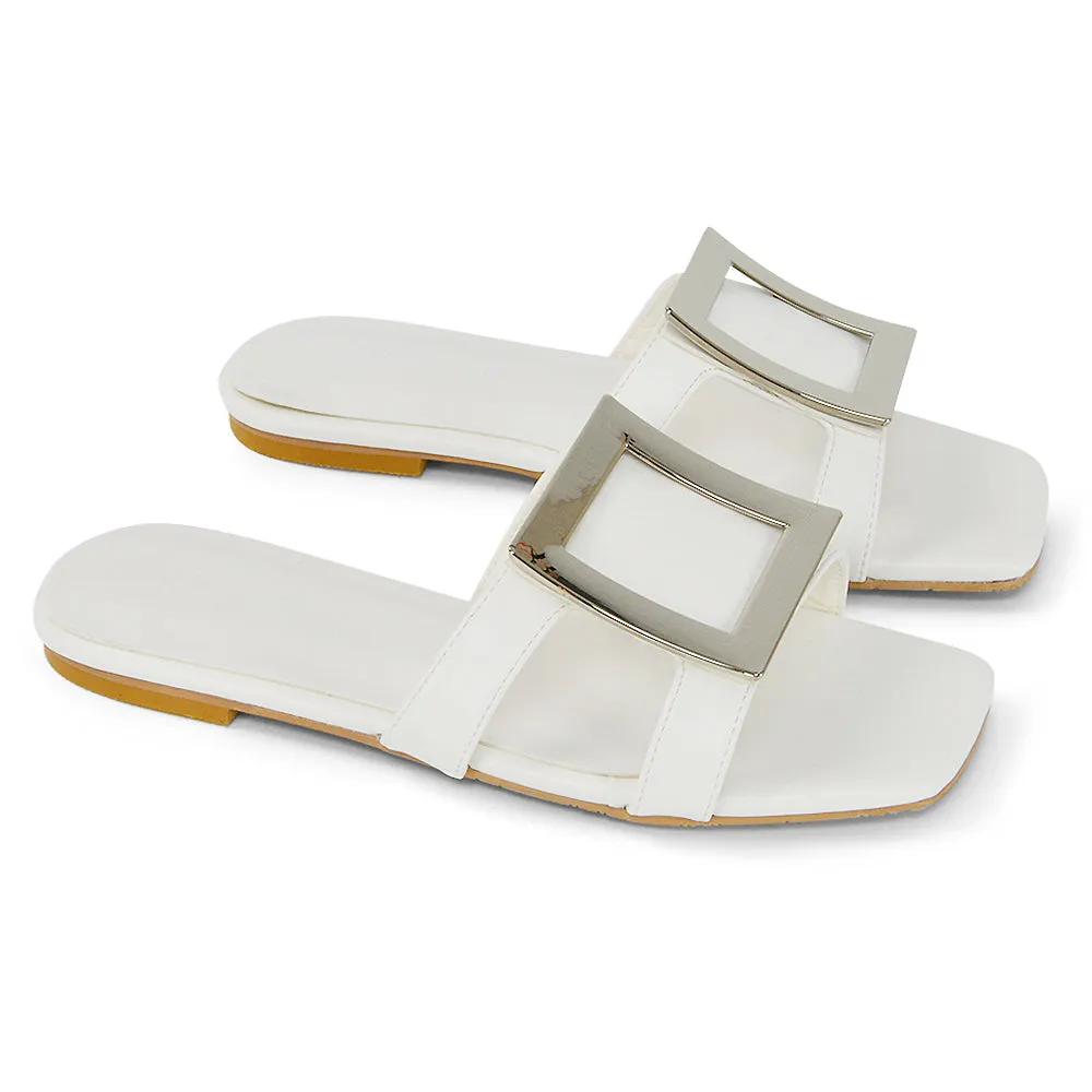 Dulce Cut Out Buckle Detail Strappy Square Toe Flat Slip on Sandal in White