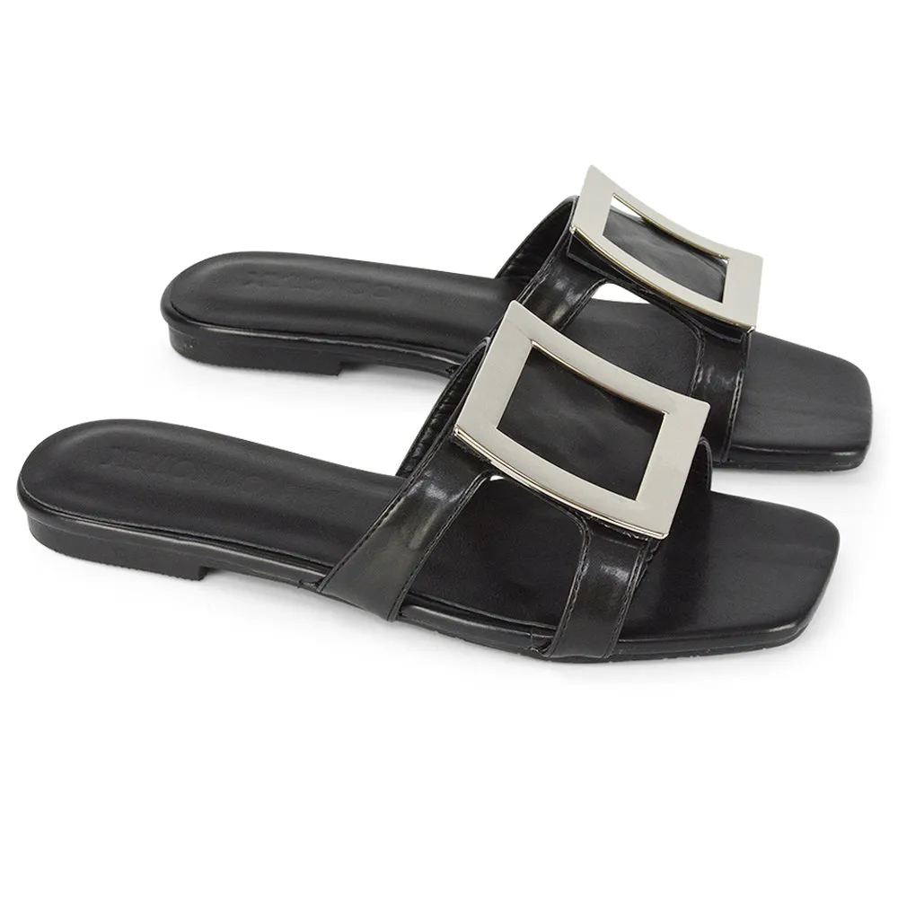 Dulce Cut Out Buckle Detail Strappy Square Toe Flat Slip on Sandal in White