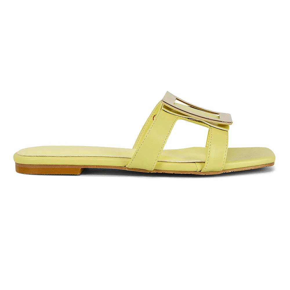 Dulce Cut Out Buckle Detail Strappy Square Toe Flat Slip on Sandal in White