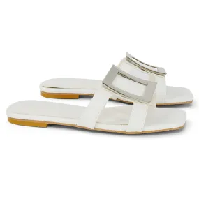 Dulce Cut Out Buckle Detail Strappy Square Toe Flat Slip on Sandal in White