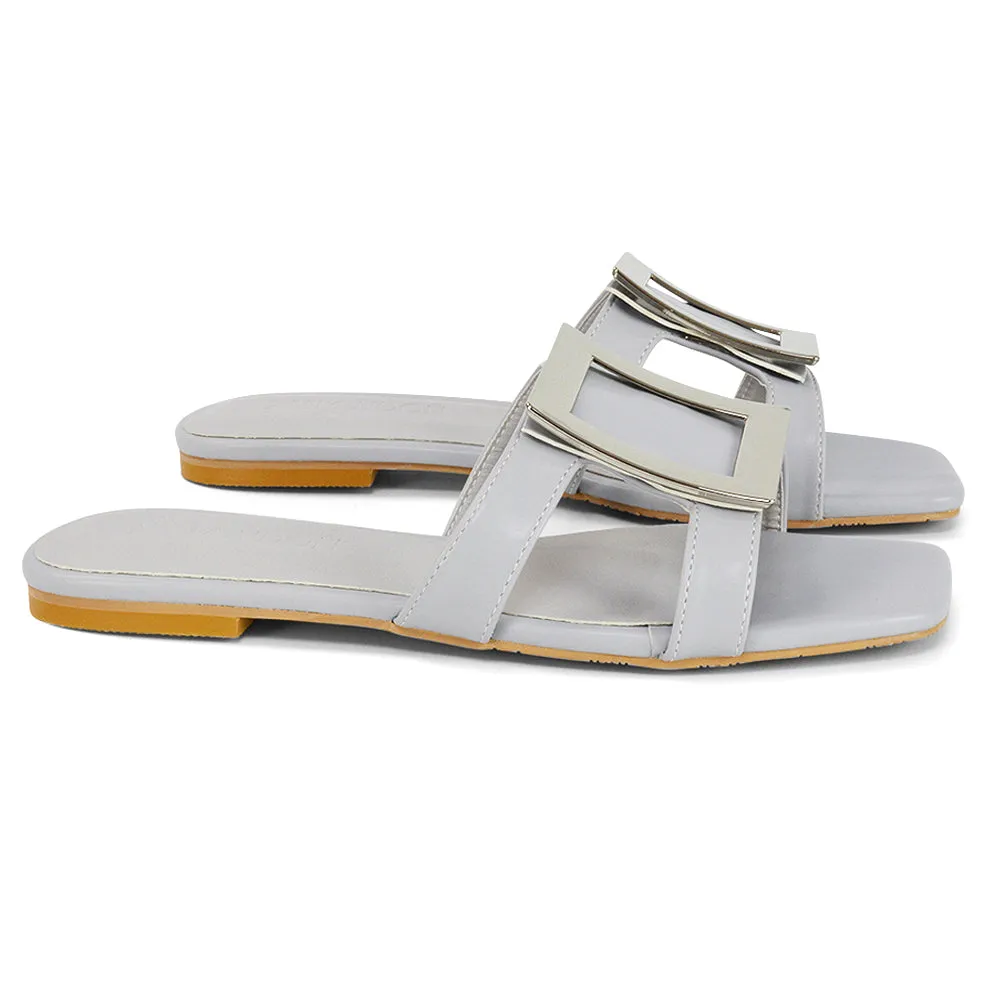 Dulce Cut Out Buckle Detail Strappy Square Toe Flat Slip on Sandal in White