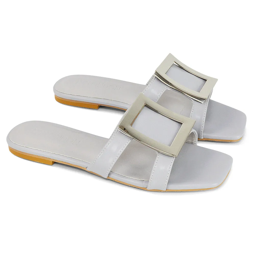 Dulce Cut Out Buckle Detail Strappy Square Toe Flat Slip on Sandal in White