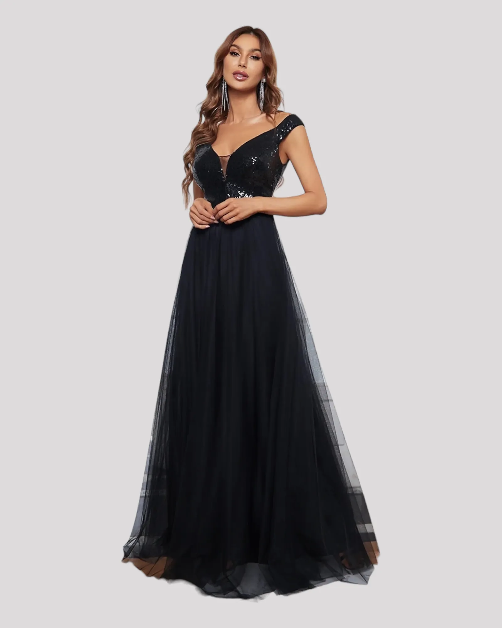 Elegant Sequin Bodice and Soft Tulle Evening Dress with V Neckline available in 7 Colours