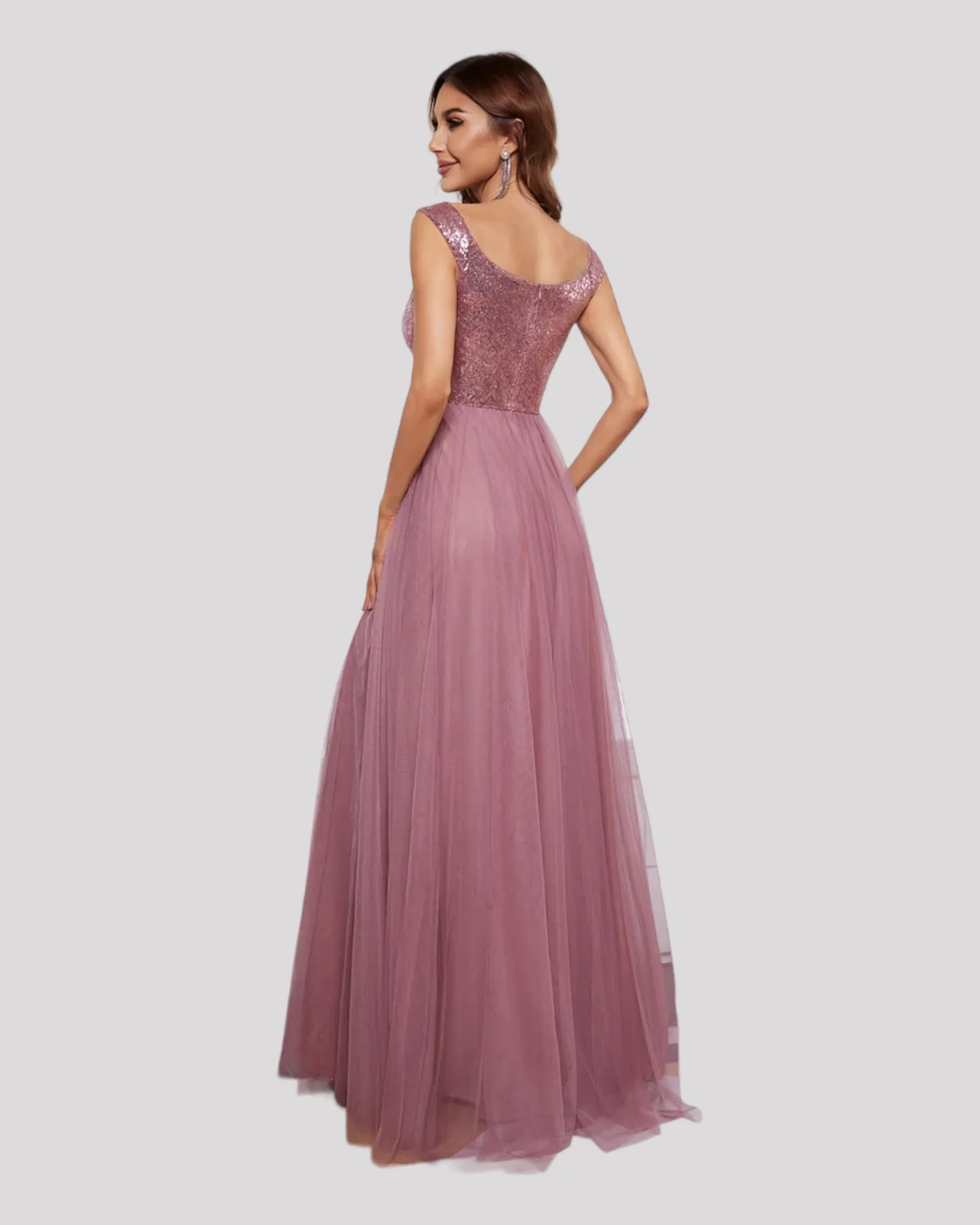 Elegant Sequin Bodice and Soft Tulle Evening Dress with V Neckline available in 7 Colours