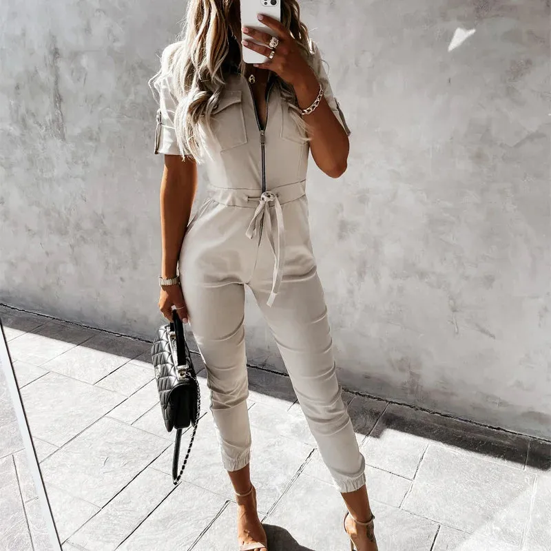 Elegant Tie-up Waist Short Sleeve Jumpsuit