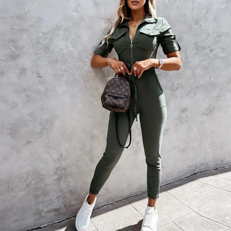 Elegant Tie-up Waist Short Sleeve Jumpsuit