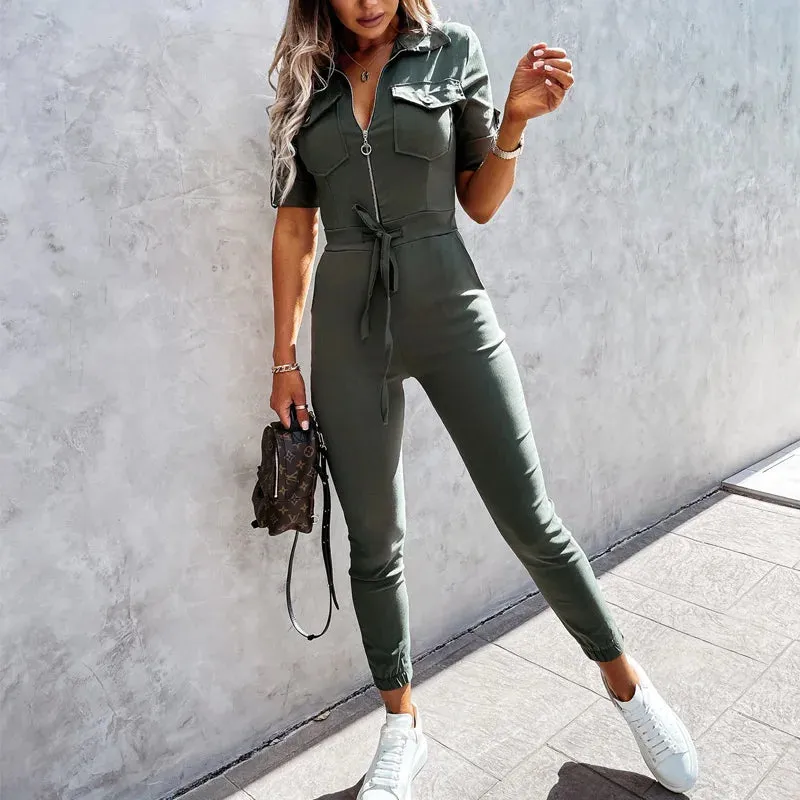 Elegant Tie-up Waist Short Sleeve Jumpsuit