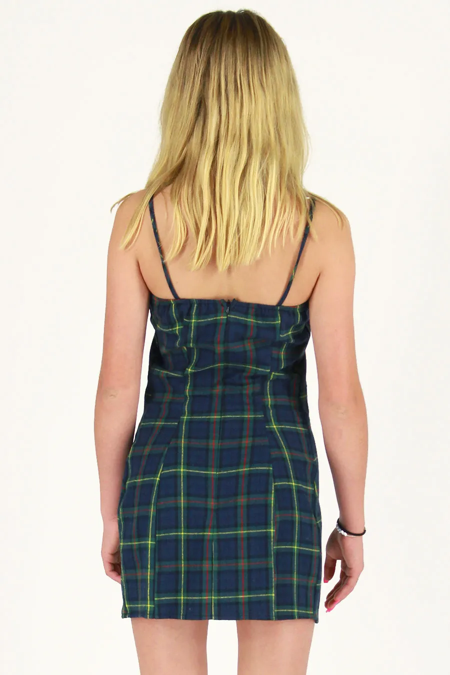 Fitted Square Strap Dress - Flannel Blue Green Plaid